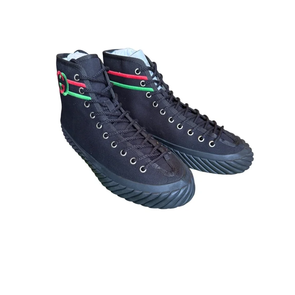 Gucci 703033 Mens Interlocking G High Black‎ Canvas Sneakers Sizd G 7.5